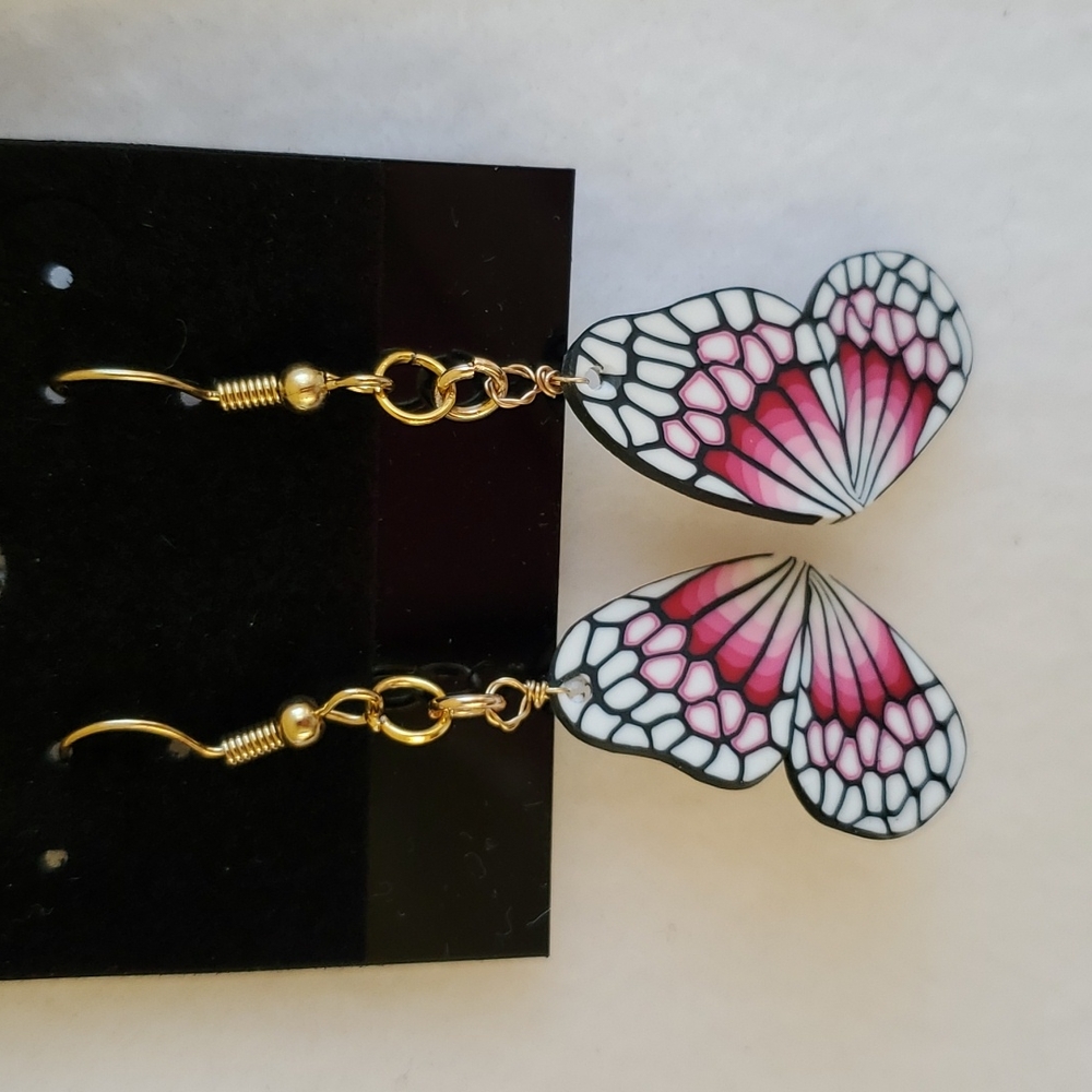Womens pink & black butterfly wings hook earrings